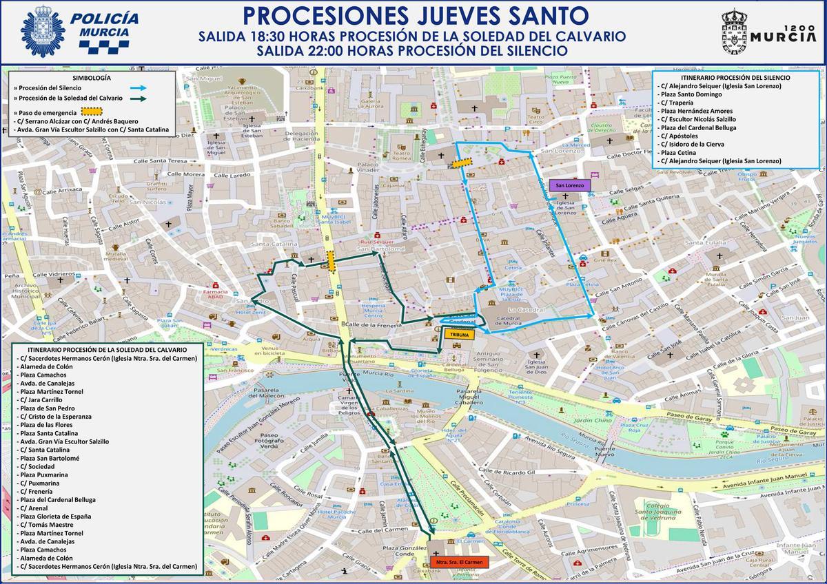 El itinerario de las procesiones de Jueves Santo en Murcia.