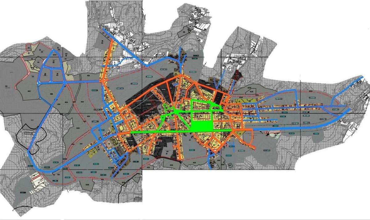 Borrador de la demarcación del casco para las terrazas: zona A (verde), zona B (naranja) y zona C (azul).