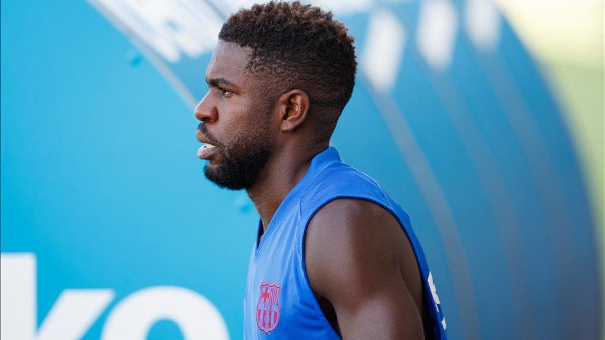 Samuel Umtiti, durante el entrenamiento del FC Barcelona de esta tarde