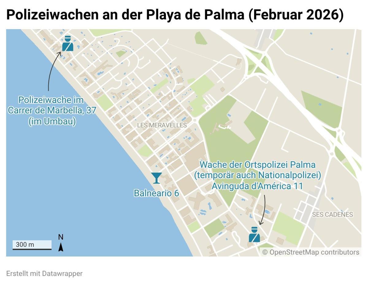 Polizeiwachen an der Playa de Palma im Februar 2026.