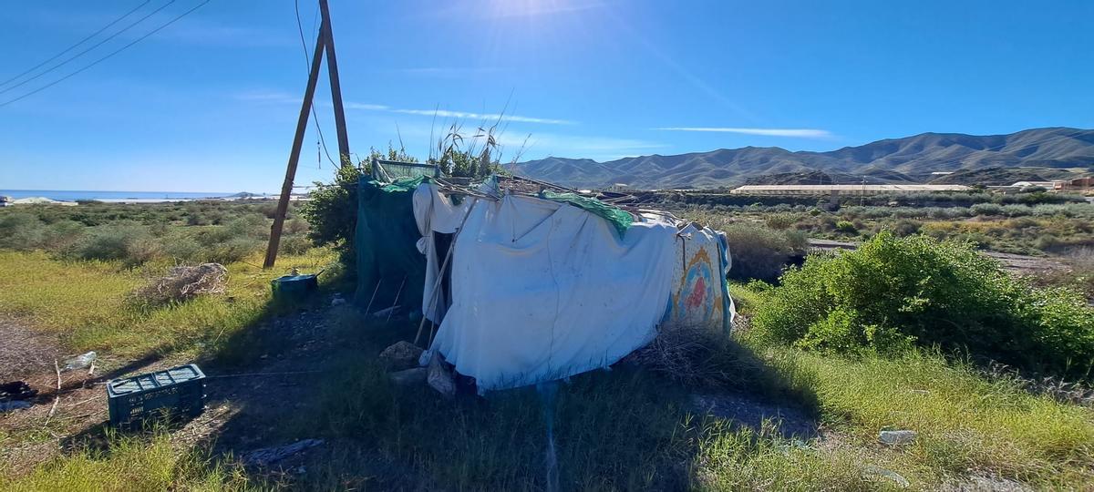 Agunos migrantes sobreviven en chabolas como esta, localizada por funcionarios del Ayuntamiento de Lorca.