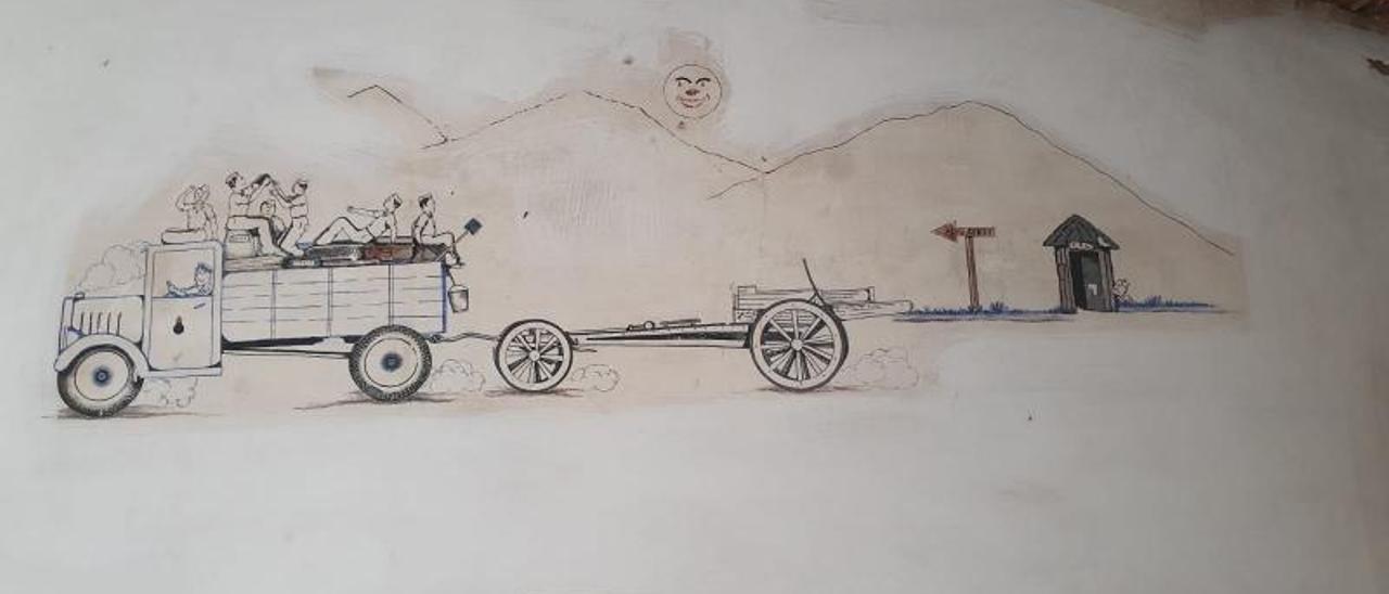 Otro de los dibujos en la pared, esta vez 
una camioneta transportando soldados. |  S.C.