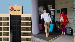 Un hotel Marriott y unos turistas entrando en un establecimiento hotelero