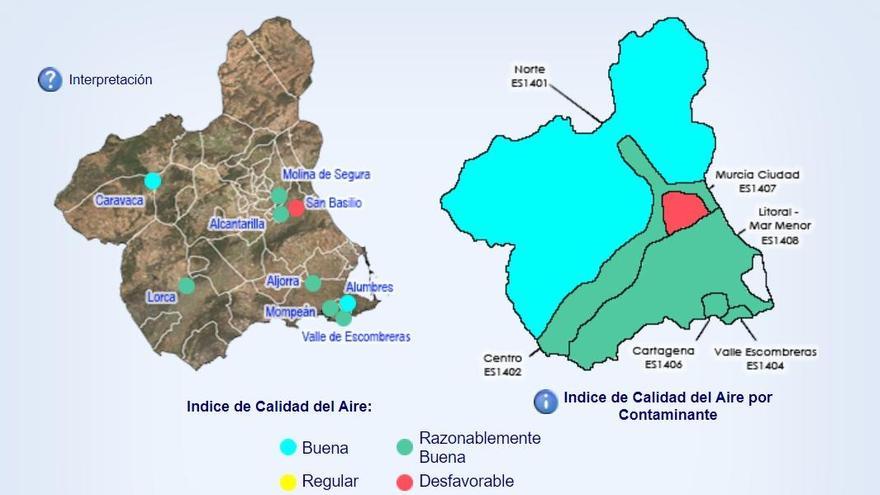 La calidad del aire en Murcia entra en la categoría de 'Desfavorable'.