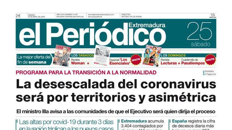 Esta es la portada de EL PERIÓDICO EXTREMADURA correspondiente al día 25 de abril del 2020