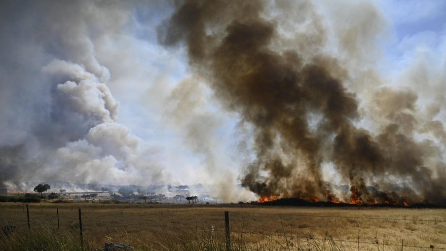 Un incendio en la localidad extremeña de Arroyomolinos arrasa 500 hectáreas y su evolución es "bastante desfavorable"