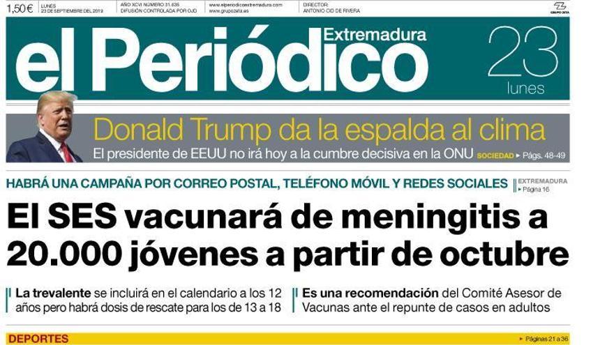 Esta es la portada de EL PERIÓDICO EXTREMADURA correspondiente al día 23 de septiembre del 2019