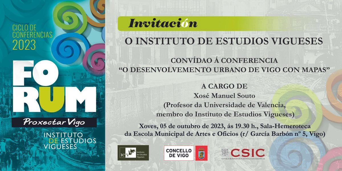 Cartel de la conferencia de esta tarde organizada por el Instituto de Estudios Vigueses.