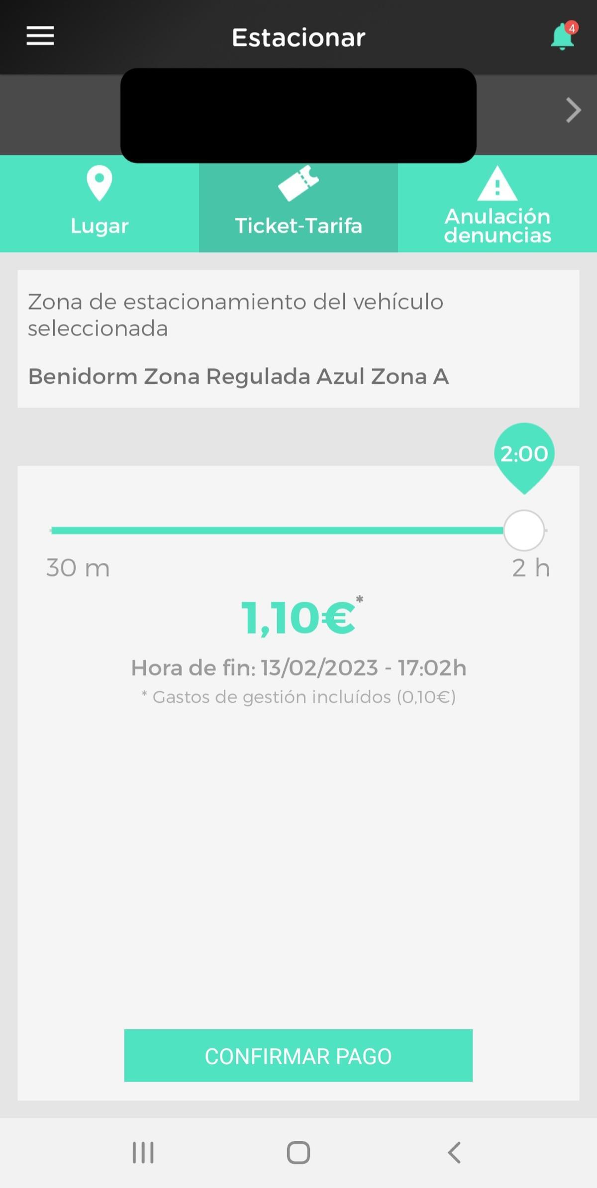 Captura del precio que aparece en la 'app' de la zona azul de Benidorm.