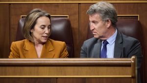 La secretaria general del PP, Cuca Gamarra y el presidente del PP, Alberto Núñez Feijóo, durante una sesión plenaria, en el Congreso de los Diputados, a 20 de mayo de 2025, en Madrid (España).