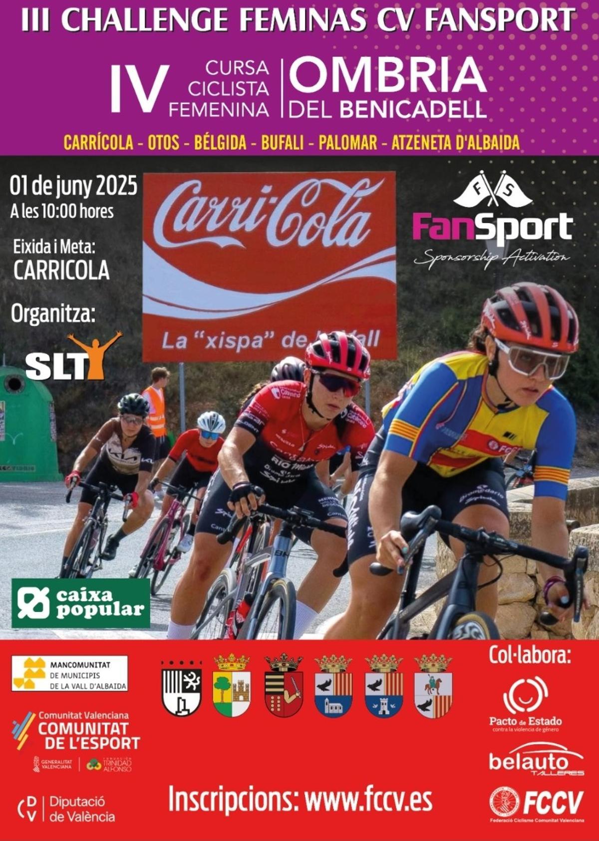 Cartel de la IV Cursa Ciclista Femenina Ombria del Benicadell, en Carrícola.