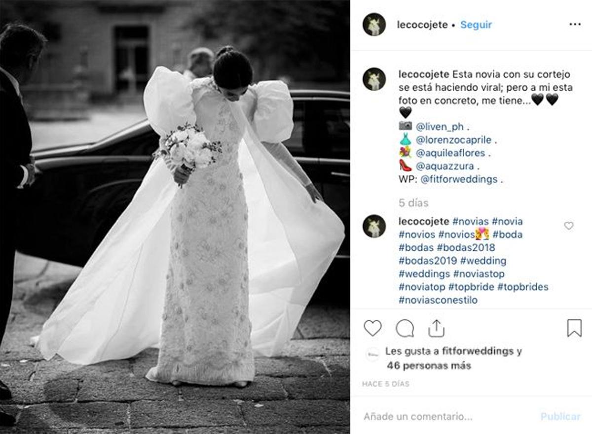 Detalles del vestido de novia con chaqueta de mangas abullonadas de Lorenzo Caprile