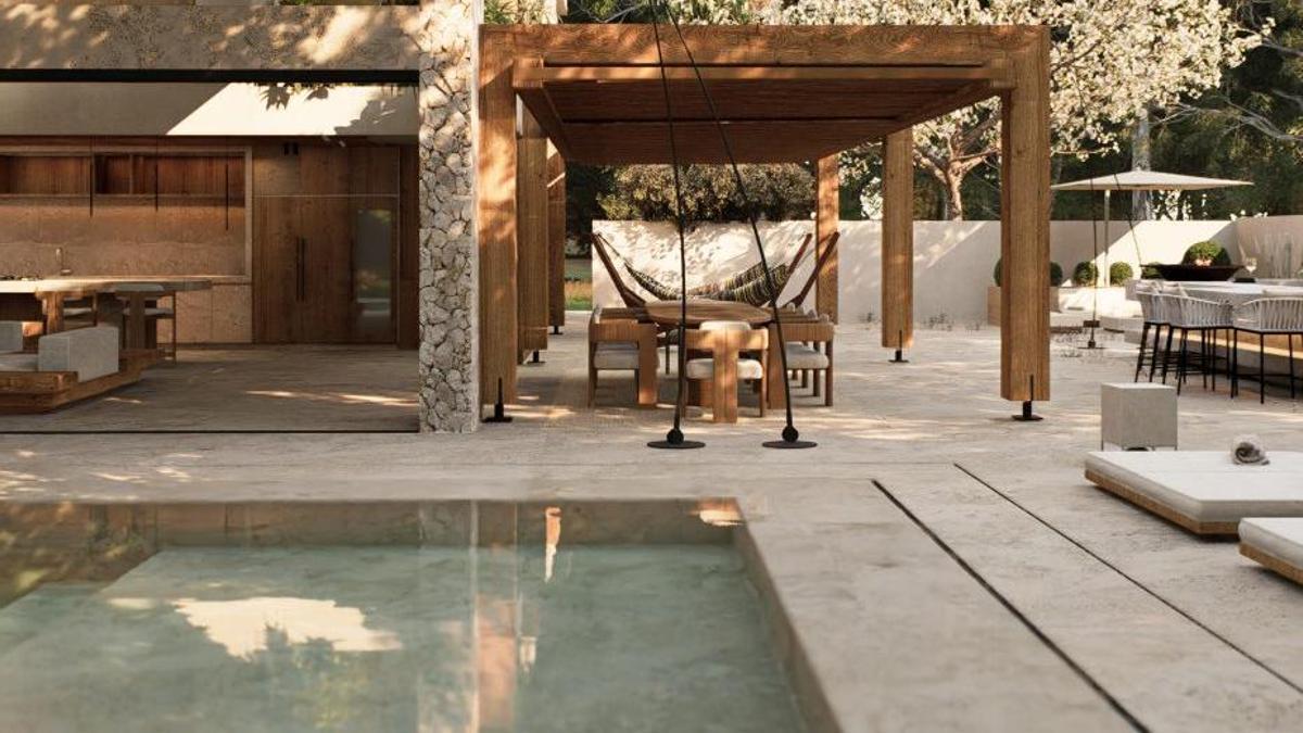 Piscina y zona exterior de una villa en Ibiza.