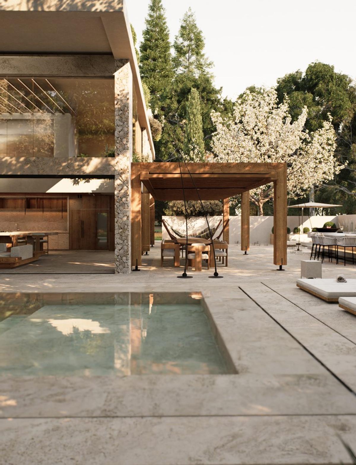 Piscina y zona exterior de una villa en Ibiza.