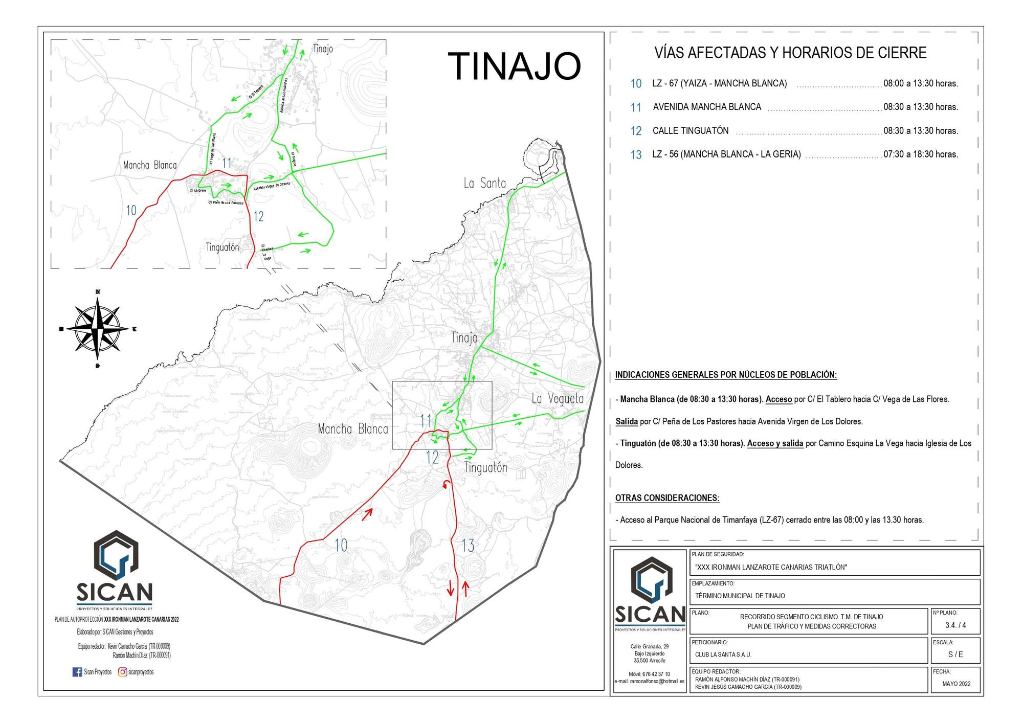 Tramos de carreteras afectados en Tinajo.