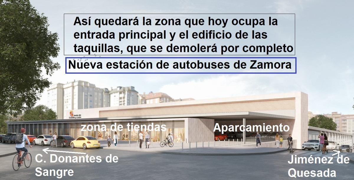 Así quedará la actual entrada principal de la estación, que se derribará para convertirla en zona de tiendas y aparcamientos