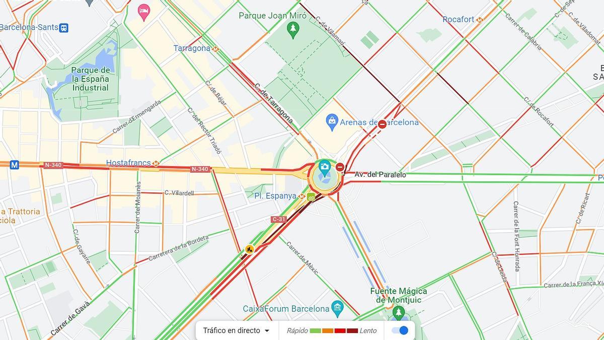 Mapa con las retenciones de tráfico provocadas por el cierre del túnel de la plaza Espanya de Barcelona.