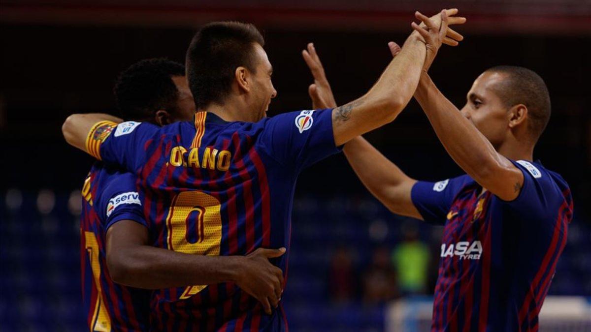 Los azulgrana celebrando un gol en el último partido celebrado en el Palau