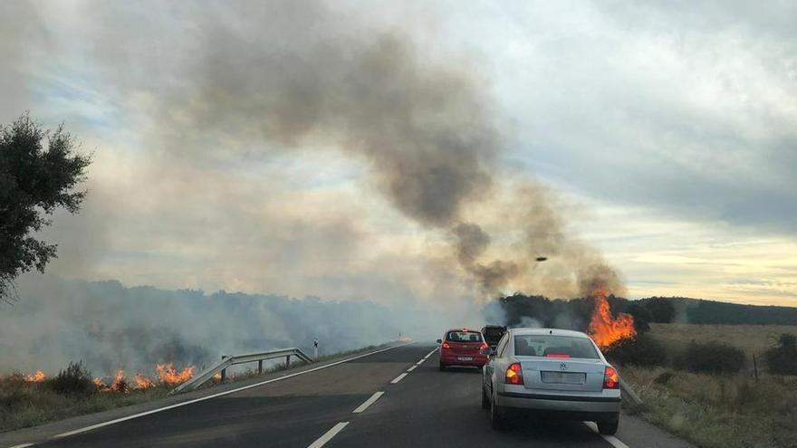 Un incendio de pastos provoca retenciones en la carretera Cáceres-Badajoz