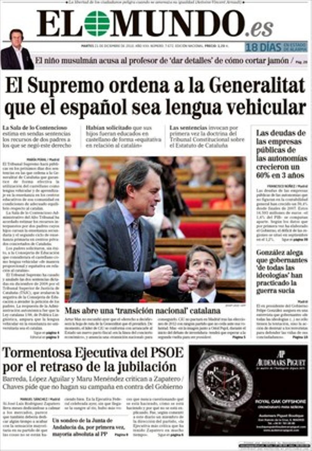 ’El Mundo’ també recull a dins el desmentiment que li han fet arribar els jutges Baltasar Garzón i Fernando Grande-Marlaska per negar el que va dir el diari en portada: ells no van parlar el 3 de maig del 2006 per telèfon per falsejar el procés del ’cas Faisà’. També destaca que les empreses públiques de les autonomies eleven el seu endeutament un 60% en tres anys i que el mercat ignora l’estratègia d’Elena Salgado i el diferencial puja encara més. I que els defensors de drets d’autor amenacen de perseguir l’usuari si es toca la ’llei Sinde’.
