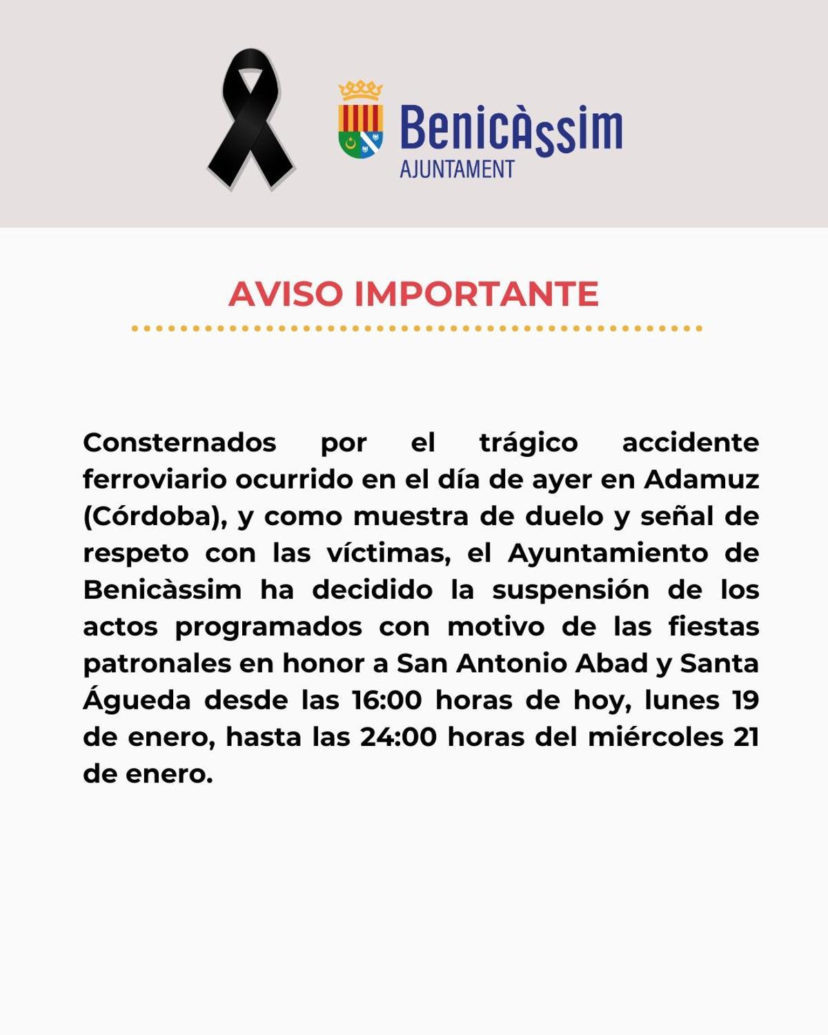 Comunicado del Ayuntamiento de Benicàssim.