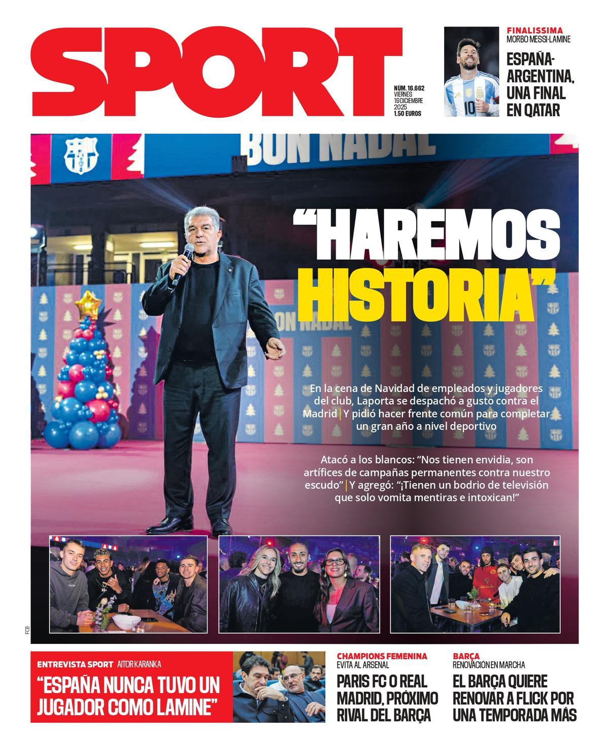 Esta es la portada de SPORT de hoy viernes, 19 de diciembre de 2025