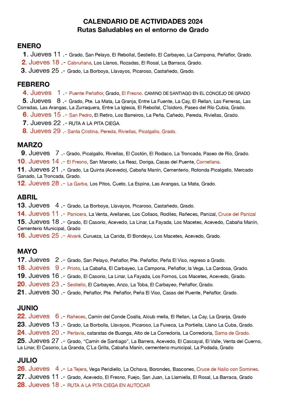 Calendario de Actividades 2024 Rutas Saludables hasta julio.