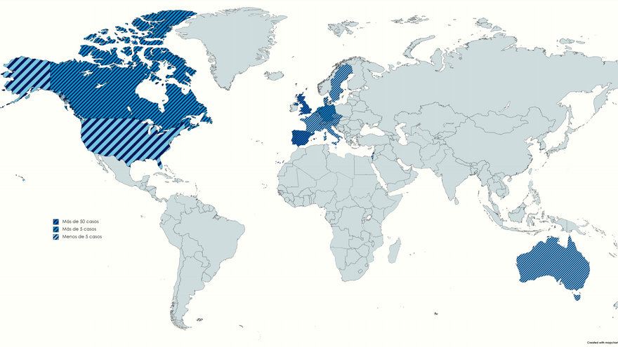 mapa. Distribución de los casos de viruela del mono por países y fotografías con ejemplos de sus signos en la piel. Foto: ECG