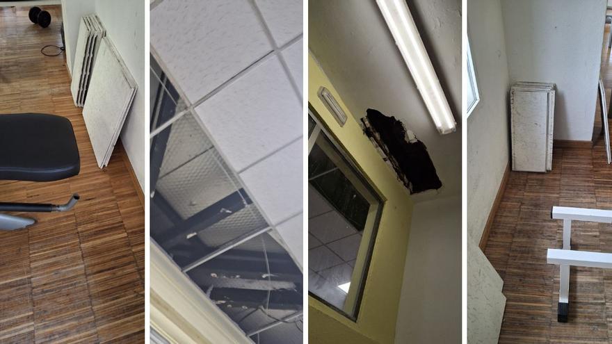 Los usuarios del gimnasio municipal del Carmen, hartos de entrenar entre goteras y placas caídas del techo