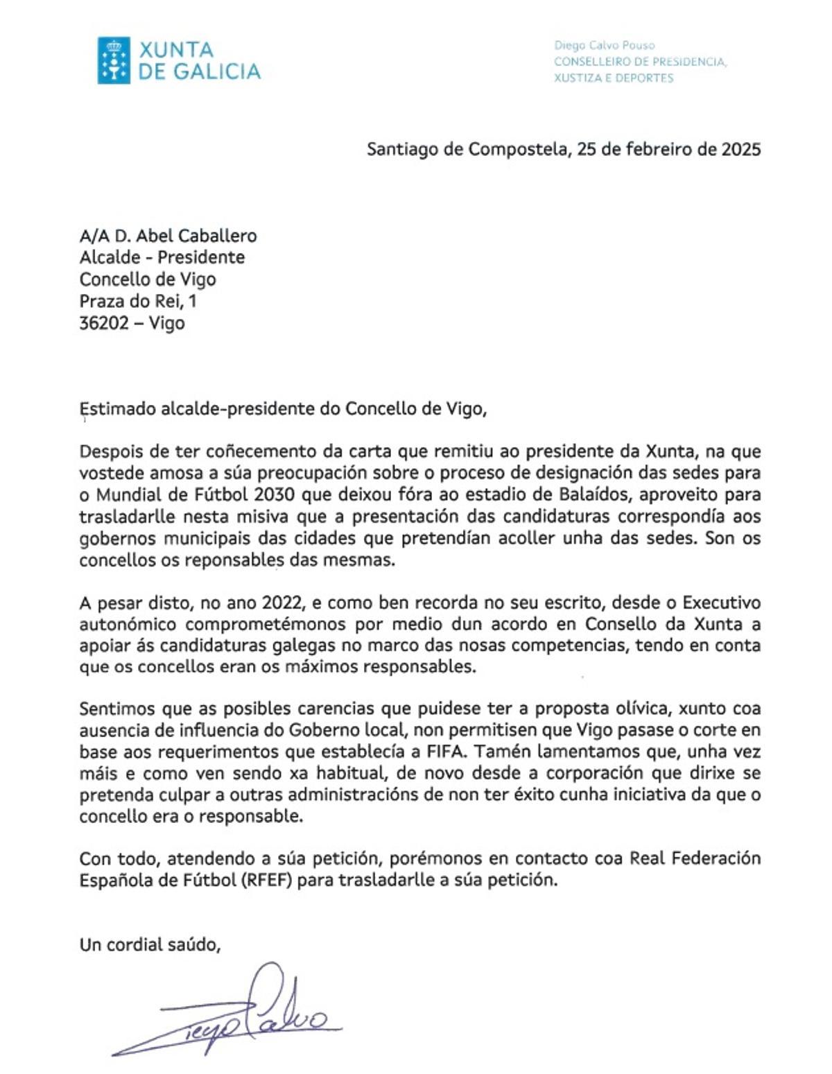 Carta del conselleiro de Presidencia, Diego Calvo, remitida al alcalde de Vigo, Abel Caballero, sobre la designación de las sedes del Mundial de Fútbol 2030.