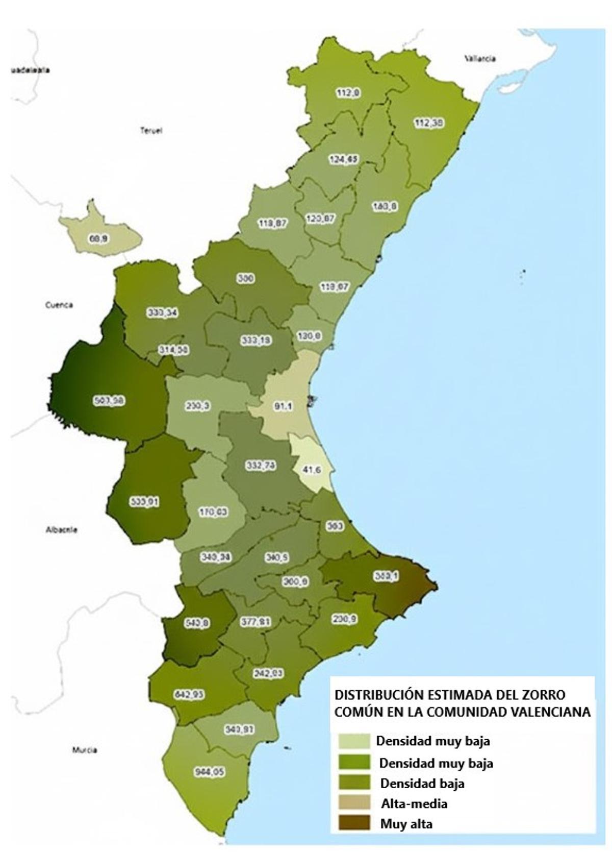 Densidad de las poblaciones de zorro en la Comunidad Valenciana