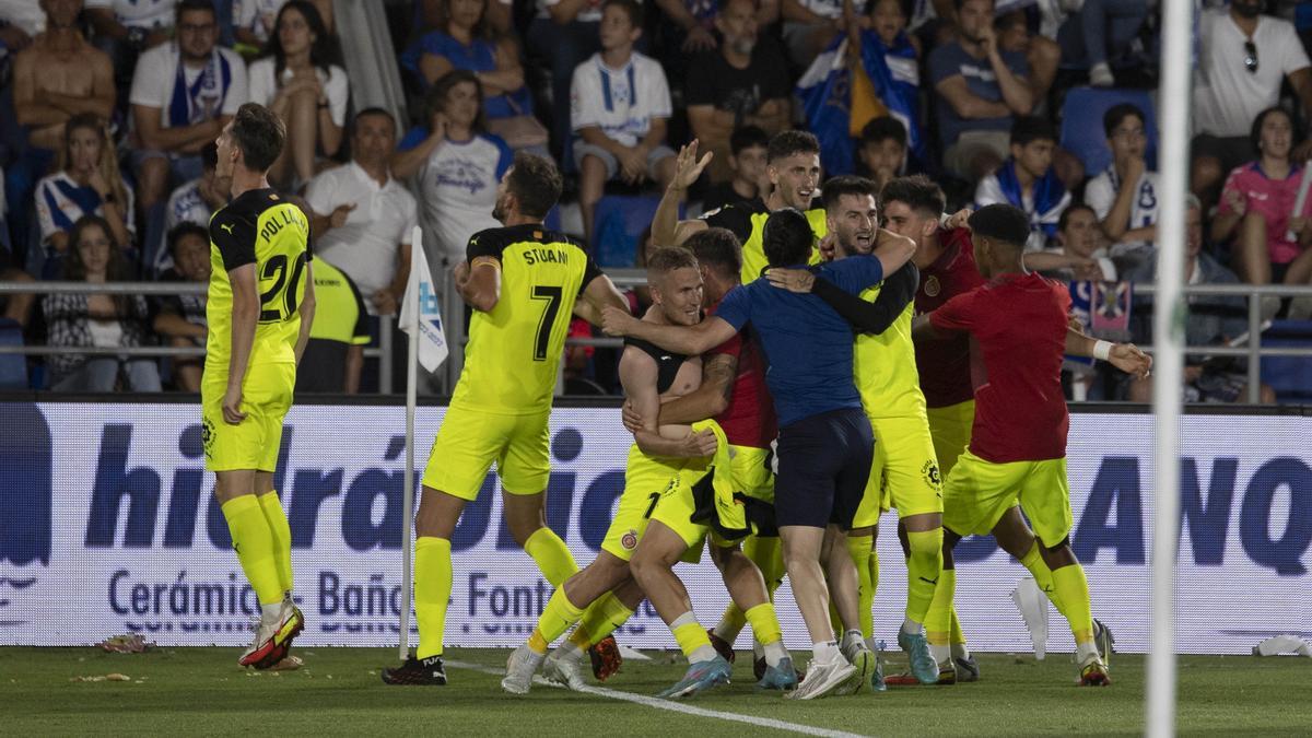 Els jugadors del Girona, celebrant el tercer i definitiu gol al camp del Tenerife el passat mes de juny.