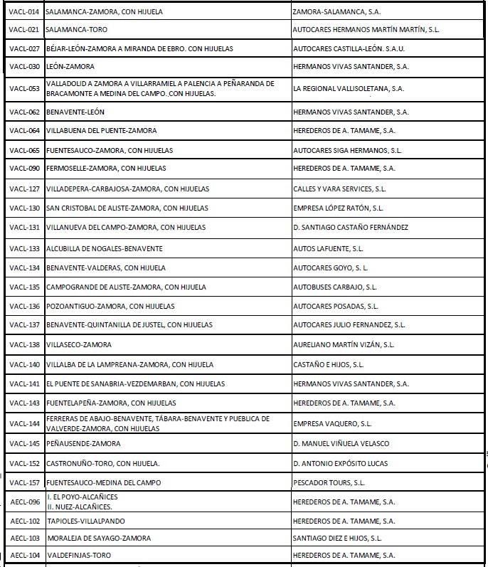 Actuales concesiones de líneas de transportes de viajeros en Zamora 