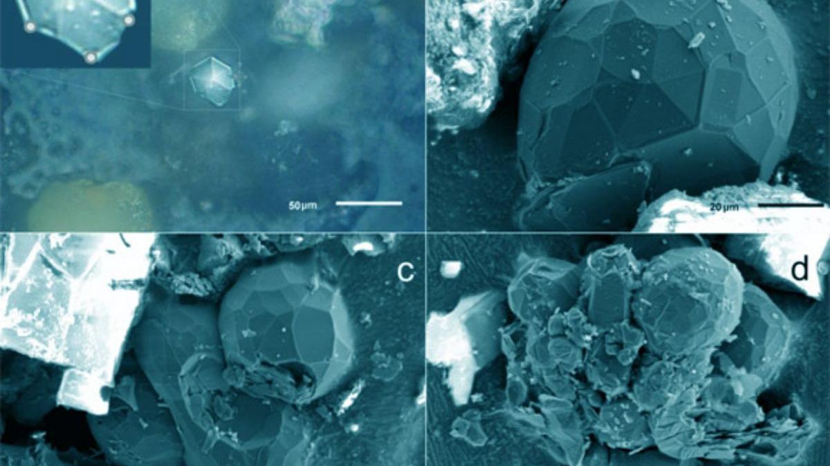 Imágenes de los cristales de carbono en el polvo meteorítico de Chelyabinsk.