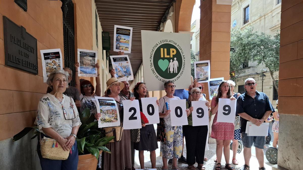 Los representantes de la Iniciativa Legislativa Popular por el Derecho de la Gente Mayor a una Vida Digna a las puertas del Parlamant.