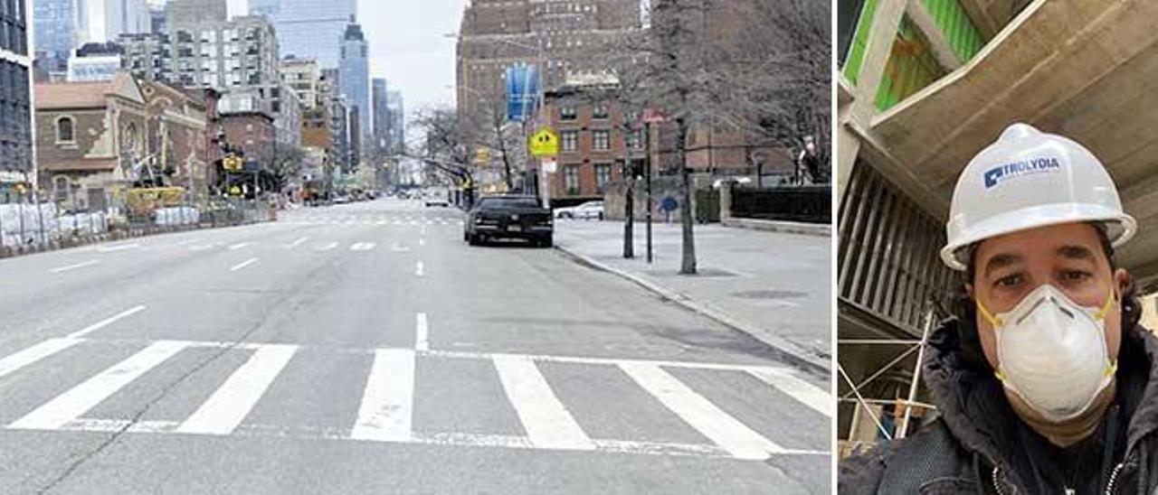 Imagen de una calle desierta de gente en la ciudad de Manhattan. A la derecha, Jaume MoyÃ .