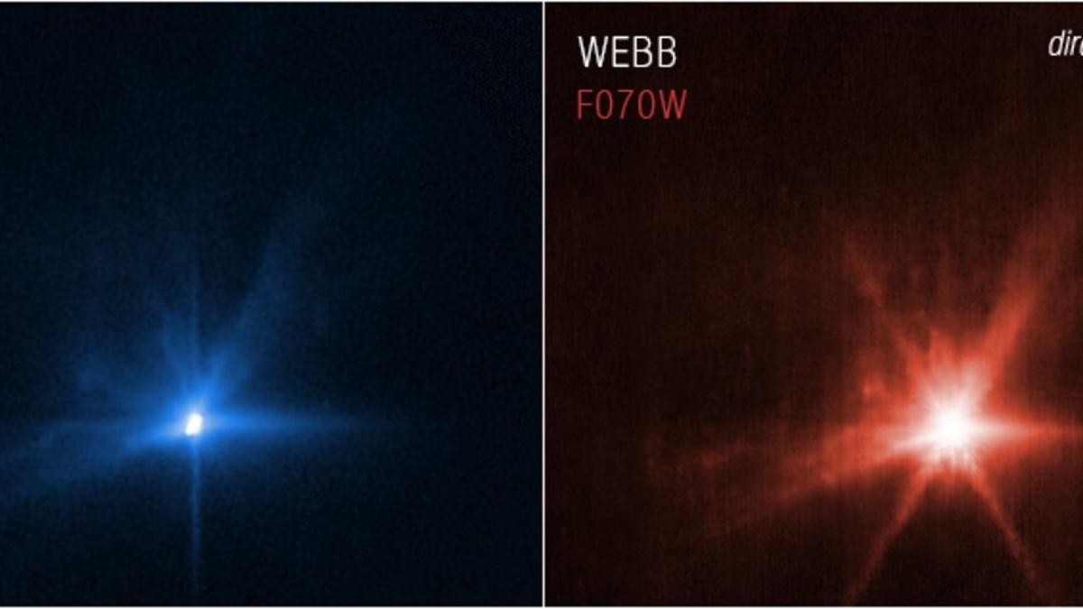 A la izquierda (en azul), la imagen del impacto de DART contra Dimorphos, tomada por Hubble y a la derecha la imagen obtenida por el telescopio James Webb.