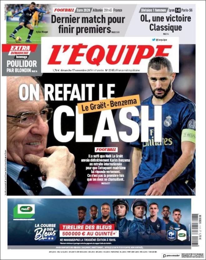 La portada de LÉquipe del 17 de noviembre