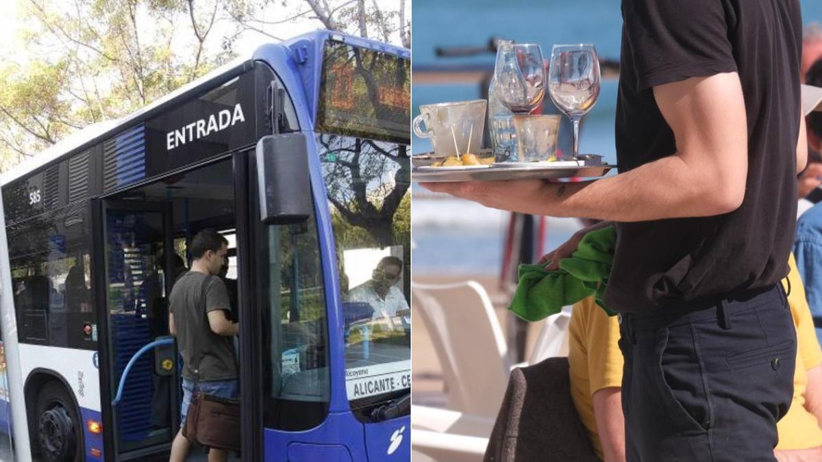 Un joven sube a un autobús de Alicante junto a una imagen de archivo de un camarero trabajando en un establecimiento de la provincia