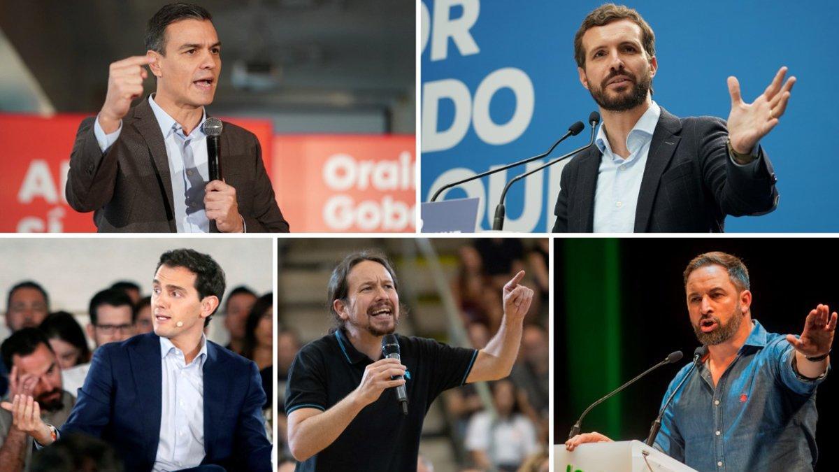 Pedro Sánchez, Pablo Casado, Albert Rivera, Pablo Iglesias y Santiago Abascal