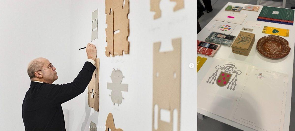 Pepe Barro. A la derecha, un stand con piezas de la muestra.