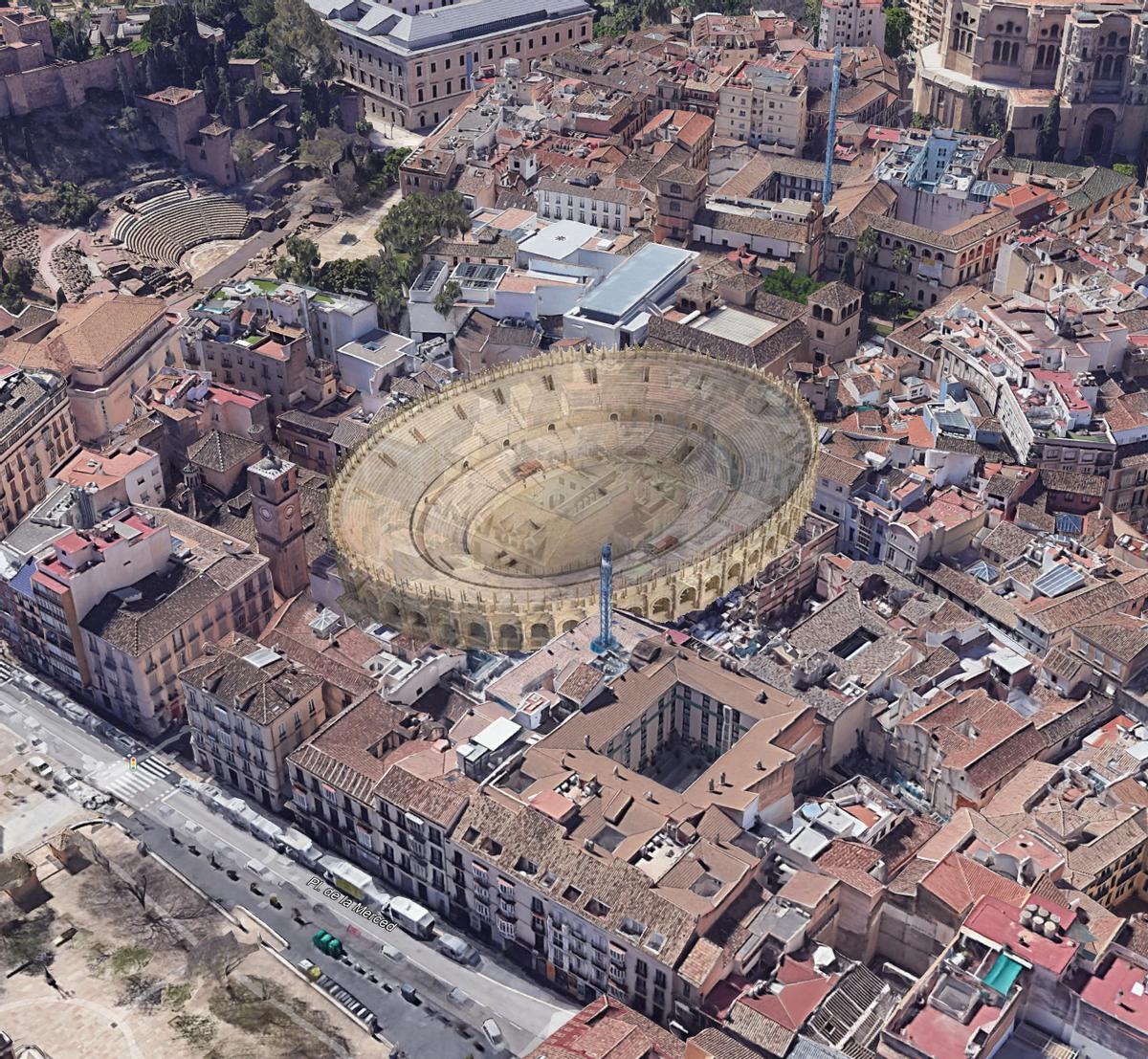 Vista del posible anfiteatro romano de Malaca desde la plaza de la Merced.