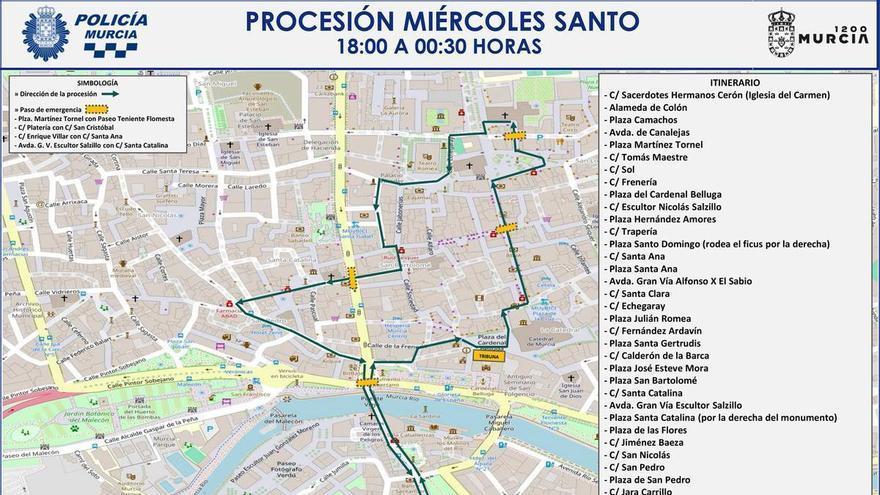 Estas son las calles cortadas para esta tarde por la procesión del Miércoles Santo en Murcia