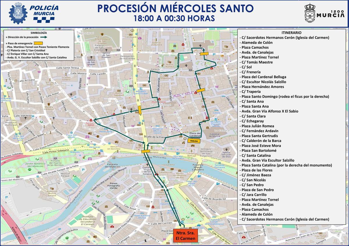 El itinierario completo de la procesión del Miércoles Santo, así como las calles cortadas y los pasos de emergencia.