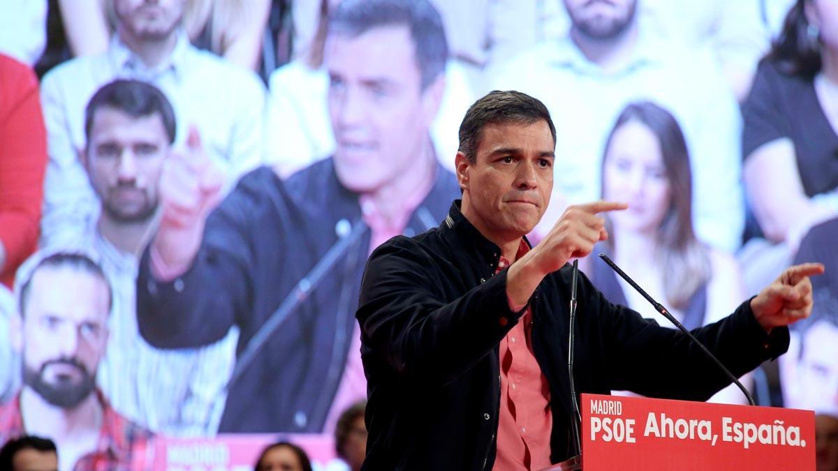 Pedro Sánchez, este domingo durante un mitin en Alcorcón (Madrid).