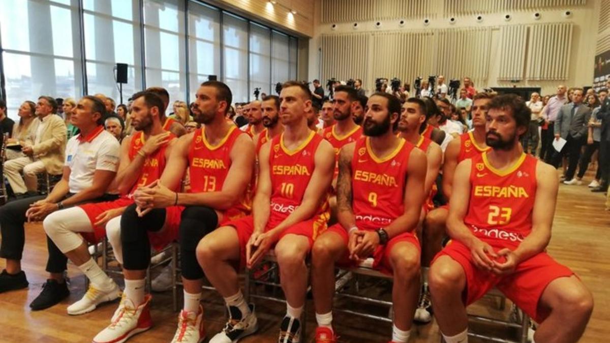 Los jugadores españoles, durante la presentación en Madrid