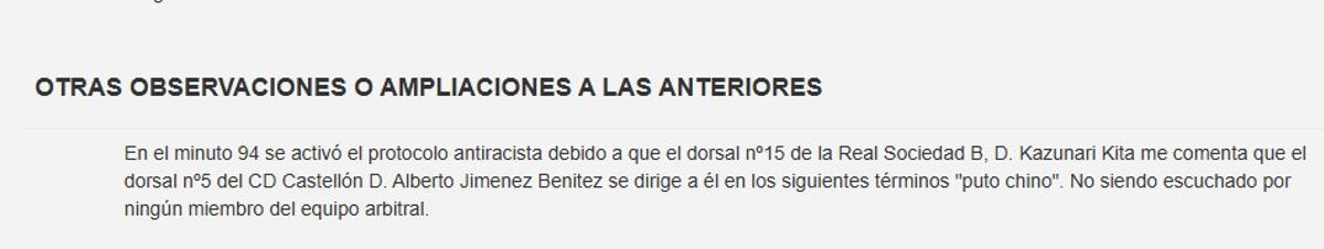 Captura del acta del Real Sociedad B-Castellón, con el incidente entre Alberto Jiménez y Kazunari Kita.