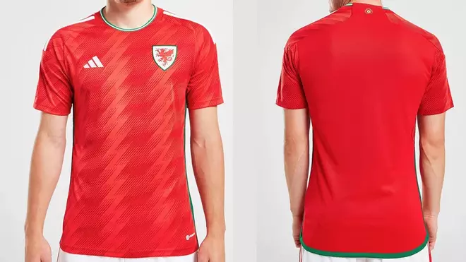 Gales (local): La selección de Bale vuelve a un Mundial tras 64 años vestido con su tradicional uniforme rojo, que esta vez presenta un gráfico tonal que representa la piel del dragón