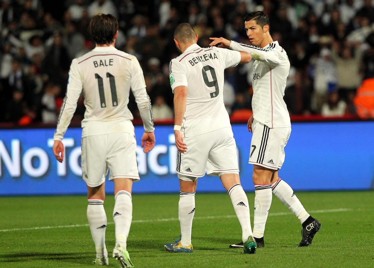 Los jugadores del Real Madrid Gareth Bale, Karim Benzema y Cristiano Ronaldo