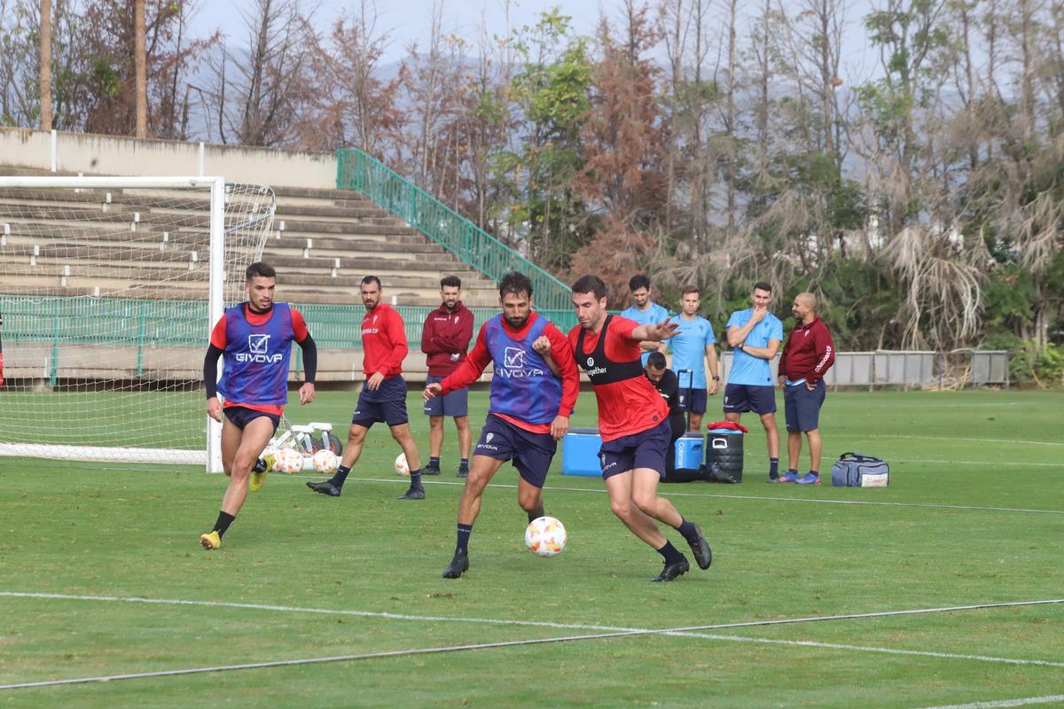 Álex Bernal y José Cruz durante el entrenamiento del Córdoba CF en la Ciudad Deportiva, este lunes.
